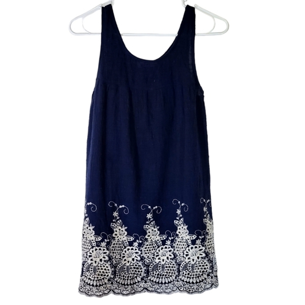 1196 * Twelve Months Sleeveless Embroidered Hem Dress Navy Blue White Size S